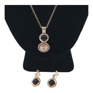 Vintage Necklace and Earrings Silver Tone and Black Pendant Necklace